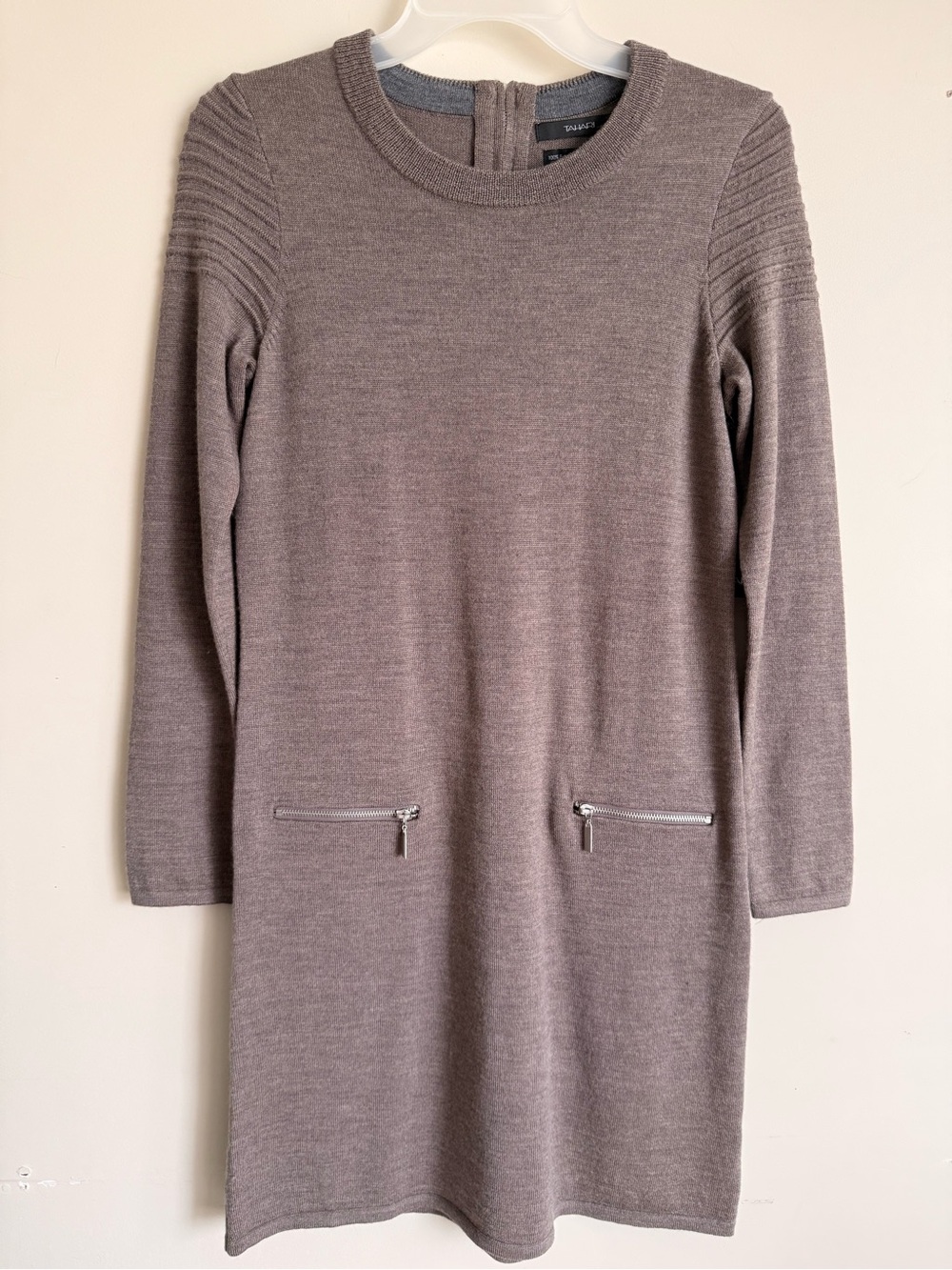 Tahari Taupe Knit Long-Sleeve Dress with Zip Pockets